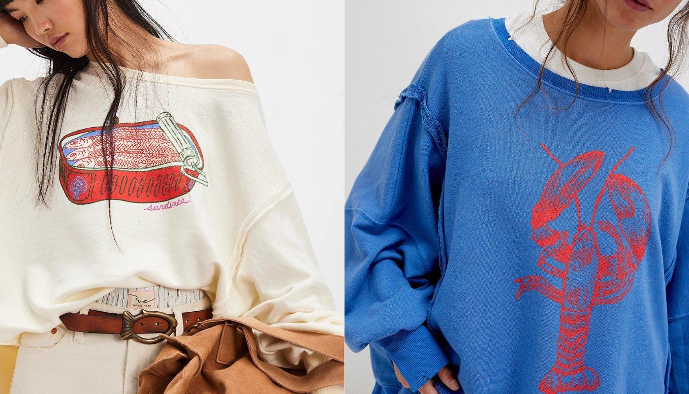 models wearing oversized sweatshirts with fisherman core designs